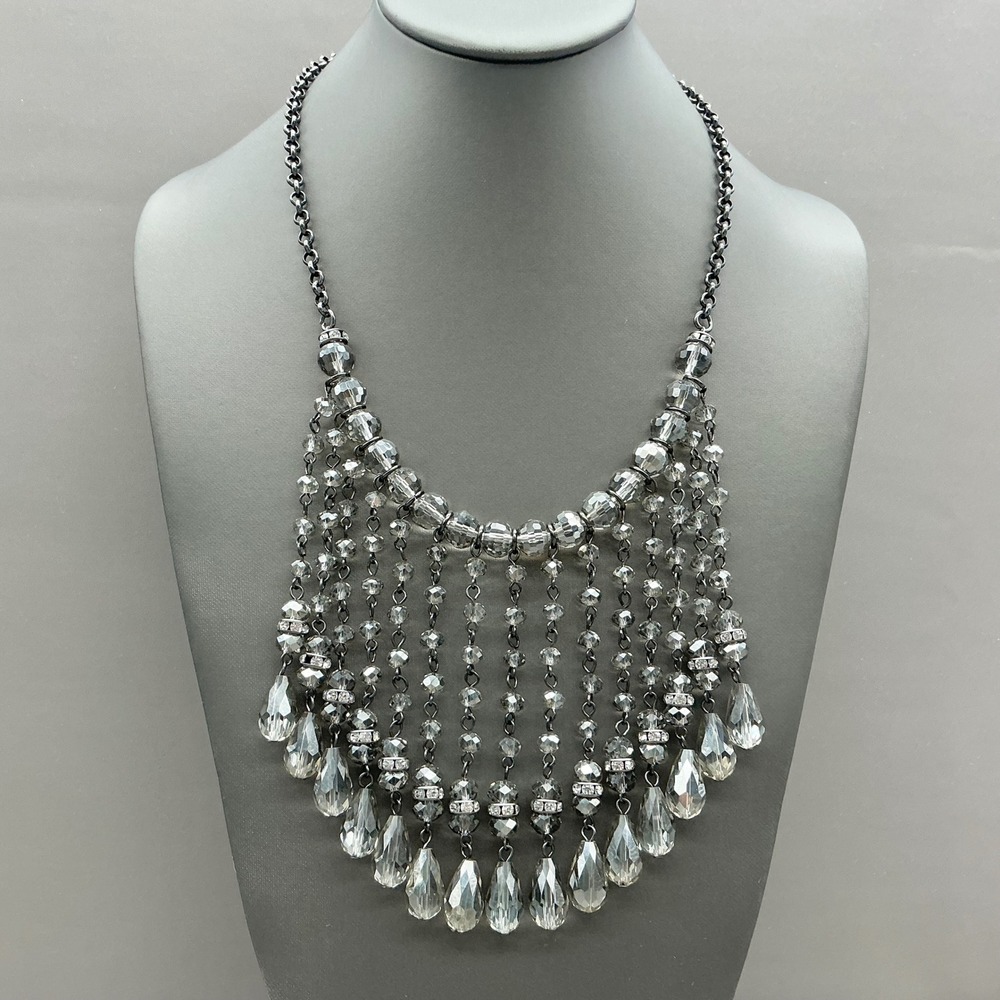 Statement Bib Fringe Necklace Women Silver Tone Clear Crystal Beaded Drip Glam